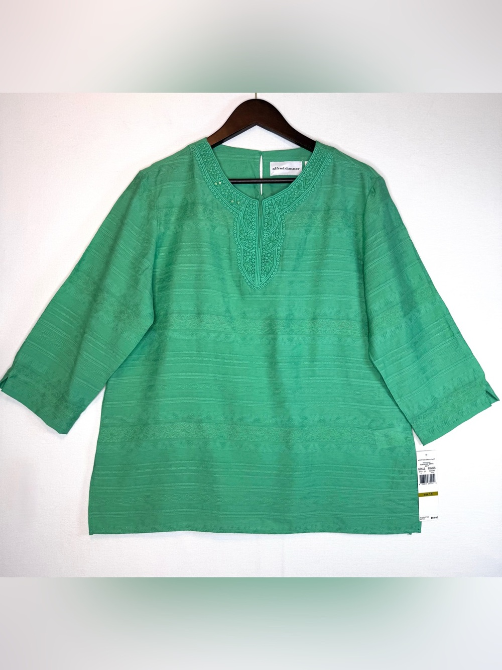 Alfred Dunner NWT green Bahama Bays Top Blouse sz 14 beaded lace neck 3/4 sleeve